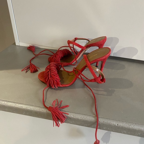Aquazzura Wild Thing Red Suede Tassel Sandals - Picture 3 of 7